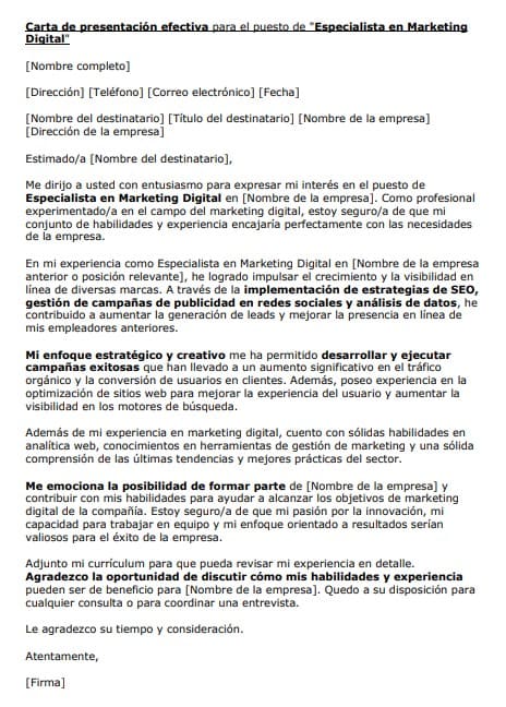 Carta de presentación efectiva para el puesto de Especialista en Marketing Digital - fordoc.info
