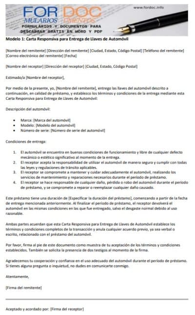 Modelo 1 Carta Responsiva para Entrega de Llaves de Automóvil - fordoc