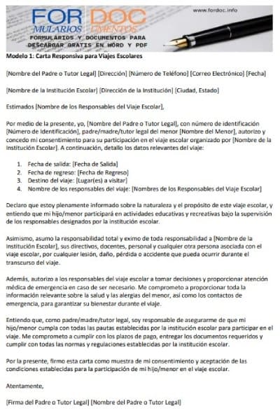 Modelo 1 Carta Responsiva Hijo o Menor de Edad para Viajes Escolares - fordoc.info