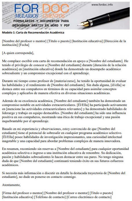 Modelo 1 Carta de Recomendación Académica - fordoc.info