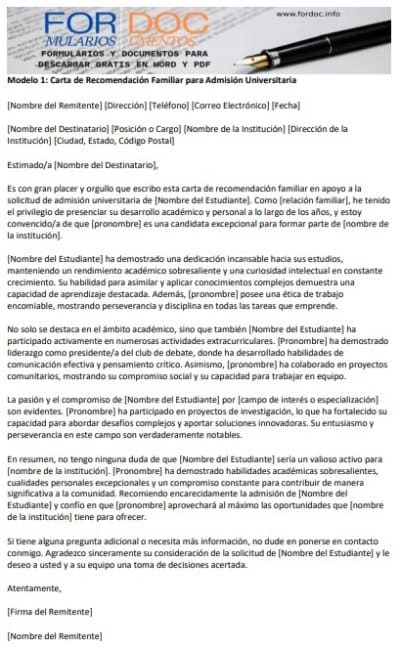 Modelo 1 Carta de Recomendación Familiar para Admisión Universitaria - fordoc.info