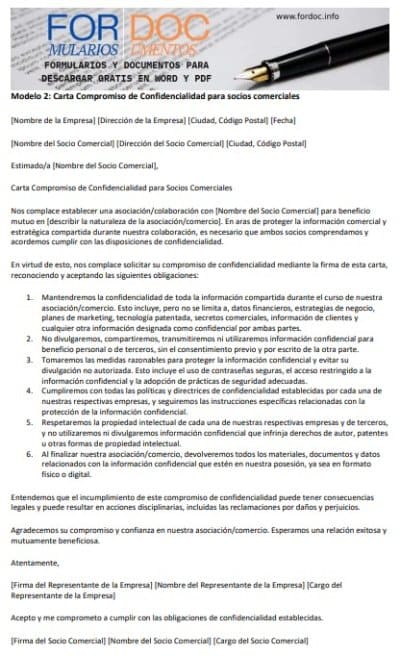 Modelo 2 Carta Compromiso de Confidencialidad para socios comerciales - fordoc.info