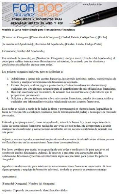 Modelo 2 Carta Poder Simple para Transacciones Financieras - ForDoc.info