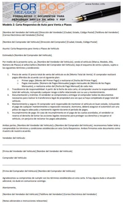 Modelo 2 Carta Responsiva de Auto para Venta a Plazos - fordoc.info