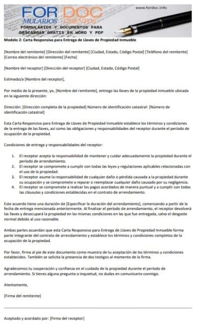 Modelo 2 Carta Responsiva para Entrega de Llaves de Propiedad Inmueble - fordoc.info