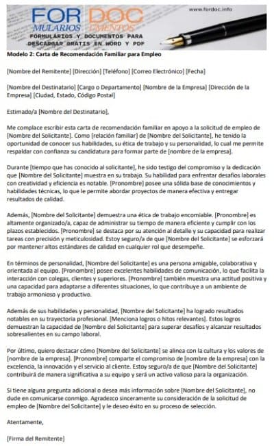 Modelo 2 Carta de Recomendación Familiar para Empleo - fordoc.info