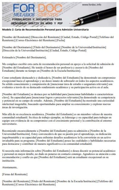 Modelo 2 Carta de Recomendación Personal para Admisión Universitaria - fordoc.info