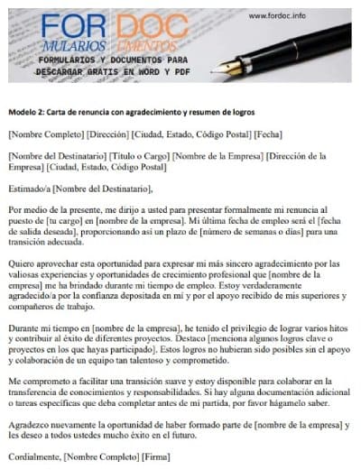 Modelo 2 Carta de renuncia con agradecimiento y resumen de logros - fordoc.info