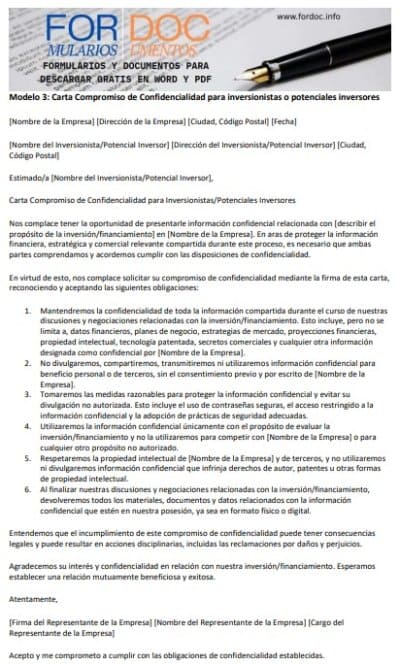 Modelo 3 Carta Compromiso de Confidencialidad para inversionistas o potenciales inversores - fordoc.info