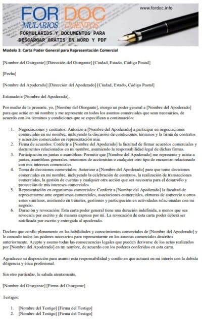 Modelo 3 Carta Poder General para Representación Comercial fordoc.info