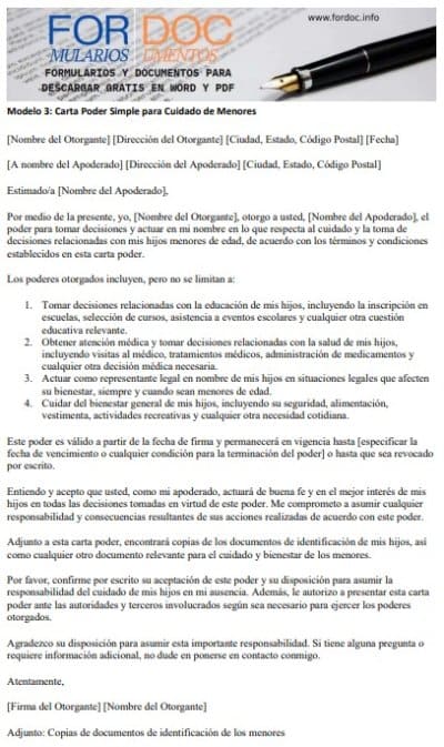 Modelo 3 Carta Poder Simple para Cuidado de Menores - ForDoc.info