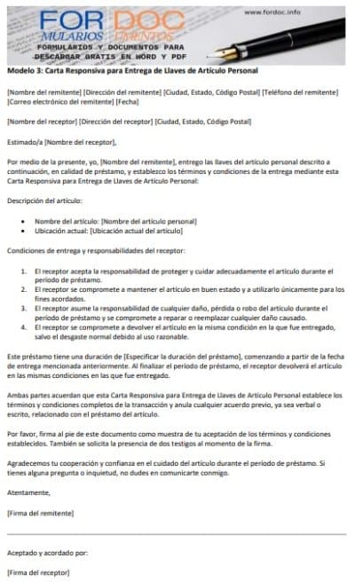 Modelo 3 Carta Responsiva para Entrega de Llaves de Artículo Personal - fordoc.info