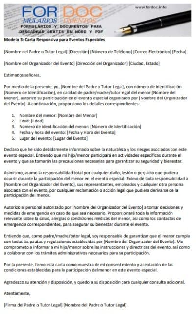 Modelo 3 Carta Responsiva para Eventos Especiales - fordoc.info