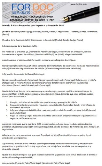 Modelo 3 Carta Responsiva para Ingreso a la Guardería IMSS - fordoc.info