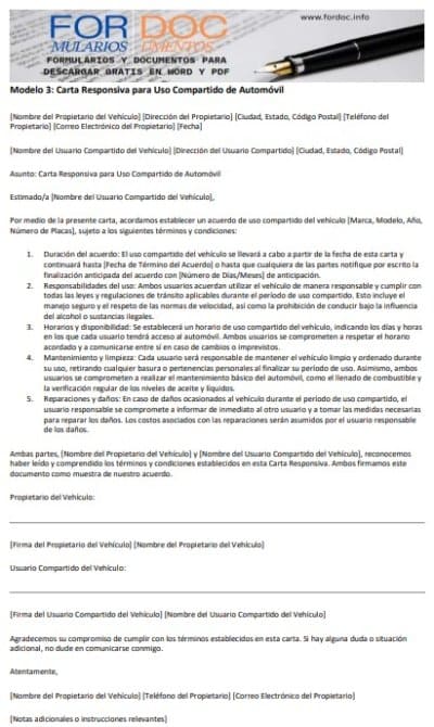 Modelo 3 Carta Responsiva para Uso Compartido de Automóvil - fordoc.info