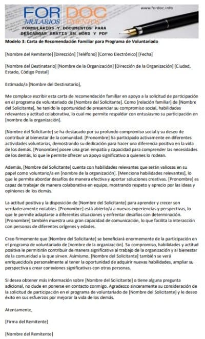 Modelo 3 Carta de Recomendación Familiar para Programa de Voluntariado - fordoc.info