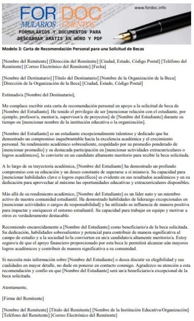Modelo 3 Carta de Recomendación Personal para una Solicitud de Becas - fordoc.info