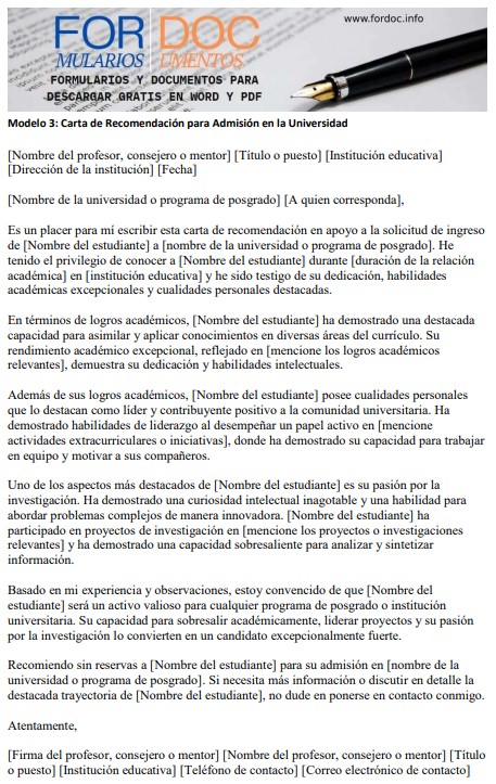 Modelo 3 Carta de Recomendación para Admisión en la Universidad - fordoc.info