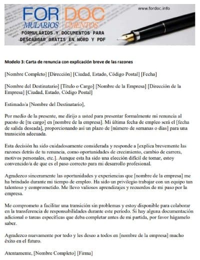 Modelo 3 Carta de renuncia con explicación breve de las razones - fordoc.info