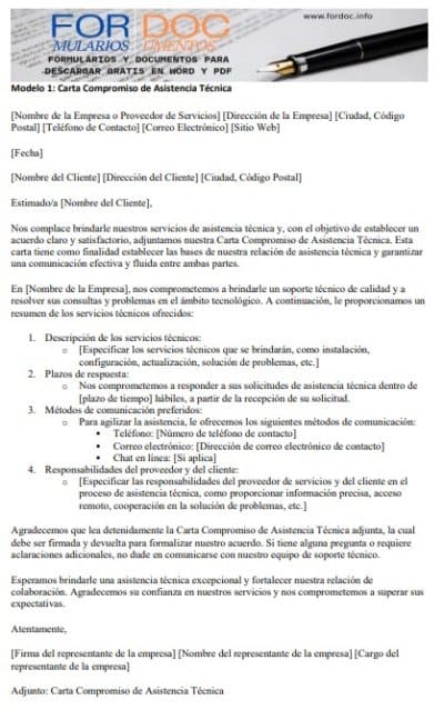 Modelo 1 Carta Compromiso de Asistencia de Soporte Técnica - fordoc.info