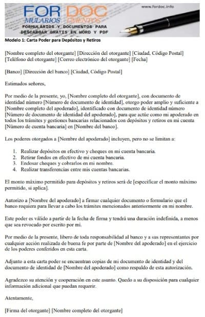 Modelo 1 Carta Poder para Depósitos y Retiros - fordoc.info