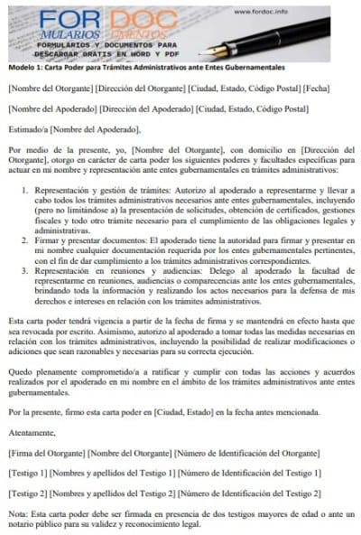 Modelo 1 Carta Poder para Trámites Administrativos ante Entes Gubernamentales - fordoc.info