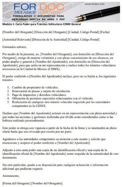 Modelo 1 Carta Poder para Trámites Vehiculares en la Ciudad de México CDMX General - fordoc