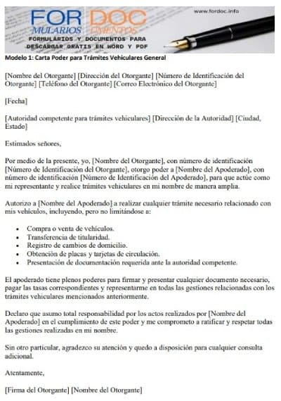 Modelo 1 Carta Poder para Trámites Vehiculares General - fordoc.info