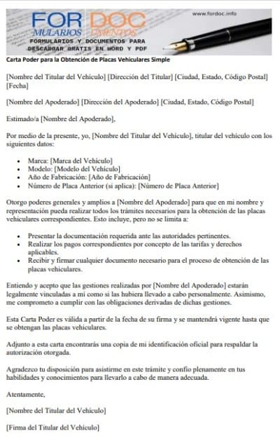 Modelo 1 Carta Poder para la Obtención de Placas Vehiculares Simple - fordoc.info