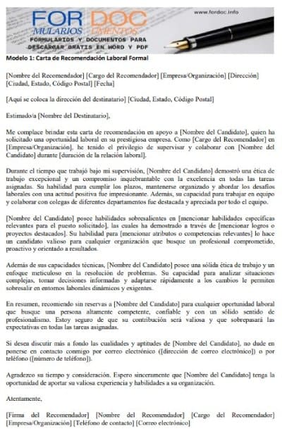 Modelo 1 Carta de Recomendación Laboral Formal - fordoc.info