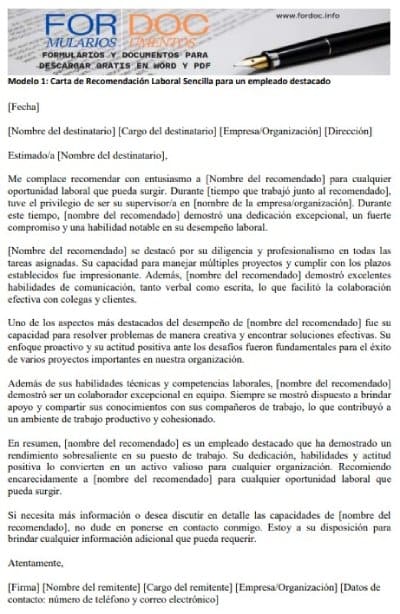 Modelo 1 Carta de Recomendación Laboral Sencilla para un empleado destacado - fordoc.info