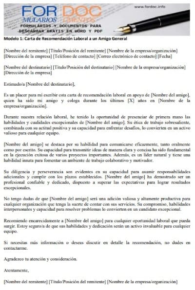 Modelo 1 Carta de Recomendación Laboral a un Amigo General - fordoc.info