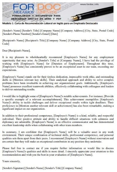 Modelo 1 Carta de Recomendación Laboral en Inglés para un Empleado Destacado - fordoc.info