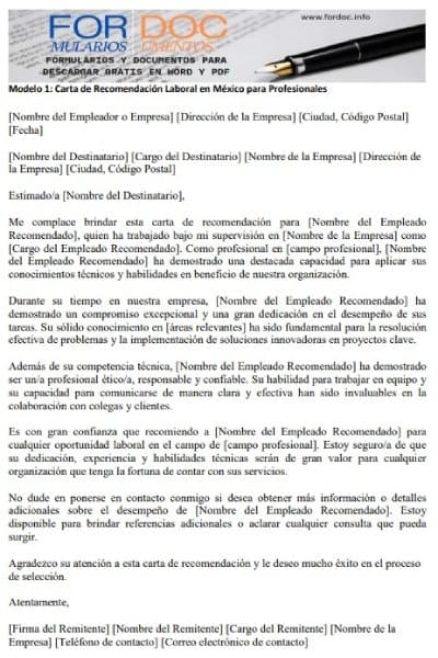 Modelo 1 Carta de Recomendación Laboral en México para Profesionales - fordoc.info