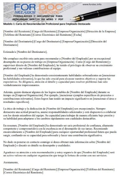 Modelo 1 Carta de Recomendación Profesional para Empleado Destacado - fordoc.info