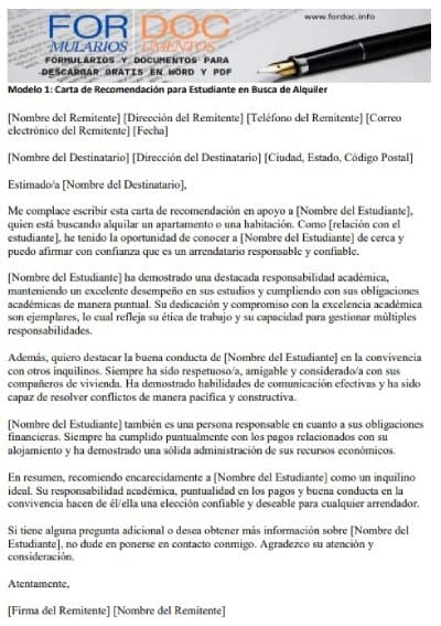 Modelo 1 Carta de Recomendación para Arrendatario Estudiante en Busca de Alquiler - fordoc