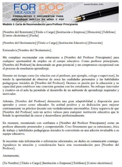 Modelo 1 Carta de Recomendación para un Profesor Principiante - fordoc.info