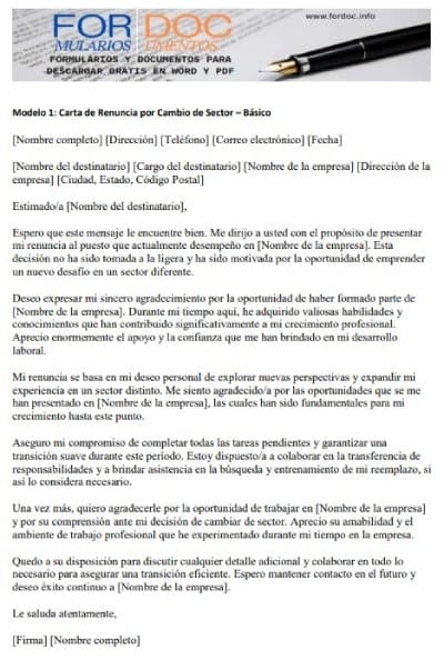 Modelo 1 Carta de Renuncia por Cambio de Sector - Básico - fordoc.info