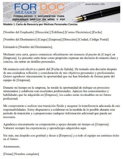 Modelo 1 Carta de Renuncia por Motivos Personales Concisa - fordoc.info