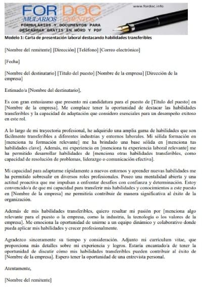 Modelo 1 Carta de presentación laboral destacando habilidades transferibles - fordoc.info