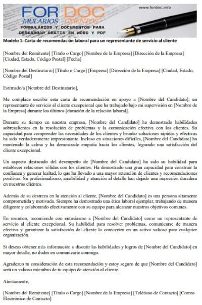 Modelo 1 Carta de recomendación laboral para un representante de servicio al cliente - fordoc.info