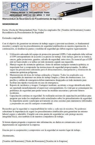 Modelo 1 Memorándum de Recordatorio de Procedimientos de Seguridad - fordoc.info