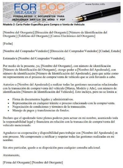 Modelo 2 Carta Poder Específica para Compra o Venta de Vehículo - fordoc.info