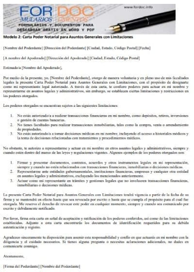 Modelo 2 Carta Poder Notarial para Asuntos Generales con Limitaciones - fordoc.info