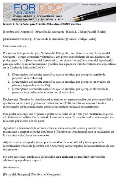Modelo 2 Carta Poder para Trámites Vehiculares CDMX Específica - fordoc.info