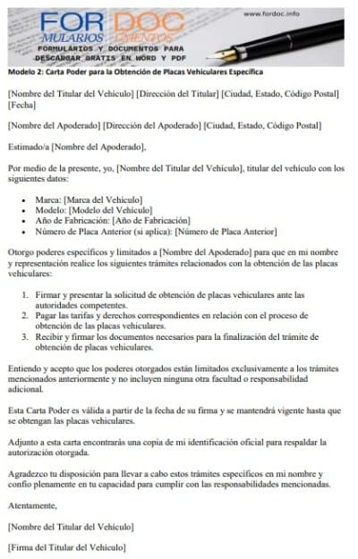 Modelo 2 Carta Poder para la Obtención de Placas Vehiculares Específica - fordoc.info