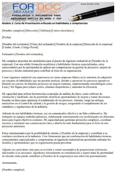 Modelo 2 Carta de Presentación para Ingeniero Industrial enfocado en habilidades y competencias.info