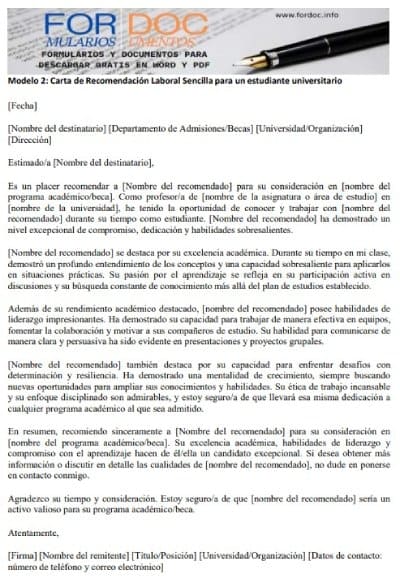 Modelo 2 Carta de Recomendación Laboral Sencilla para un estudiante universitario - fordoc.info
