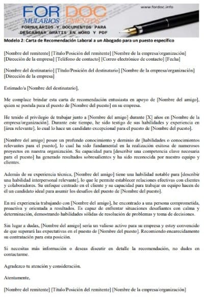 Modelo 2 Carta de Recomendación Laboral a un Abogado para un puesto específico - fordoc.info