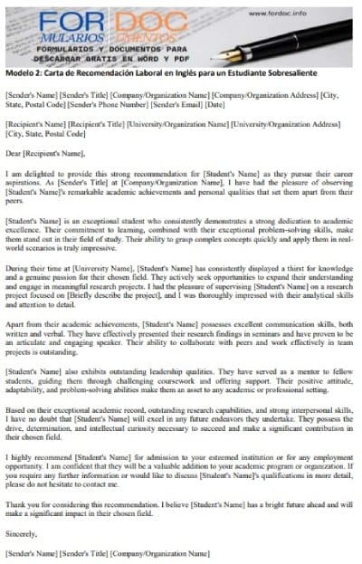 Modelo 2 Carta de Recomendación Laboral en Inglés para un Estudiante Sobresaliente - fordoc.info